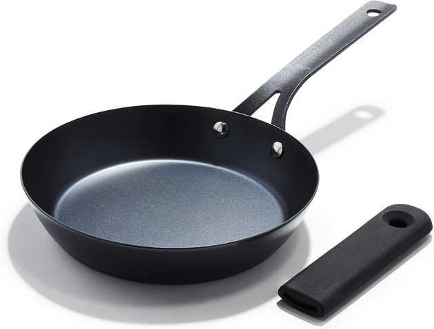 OXO Obsidian Pre-Seasoned Carbon Steel, 8" Frying Pan Skillet with Removable Silicone Handle Holder