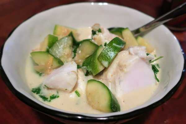 Poached Fish Curry over Zucchini