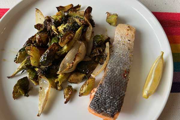 Air Fryer Salmon with Broccoli and Brussels Sprout Salad