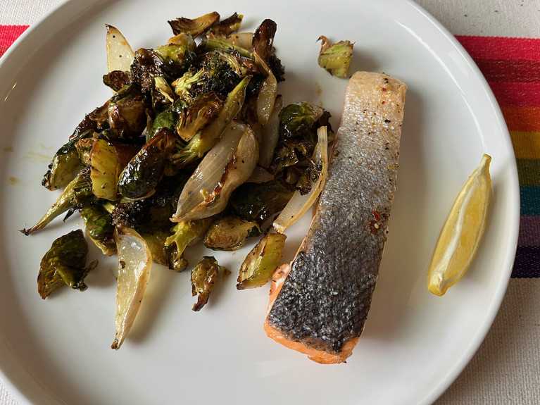 Air Fryer Salmon with Broccoli and Brussels Sprout Salad
